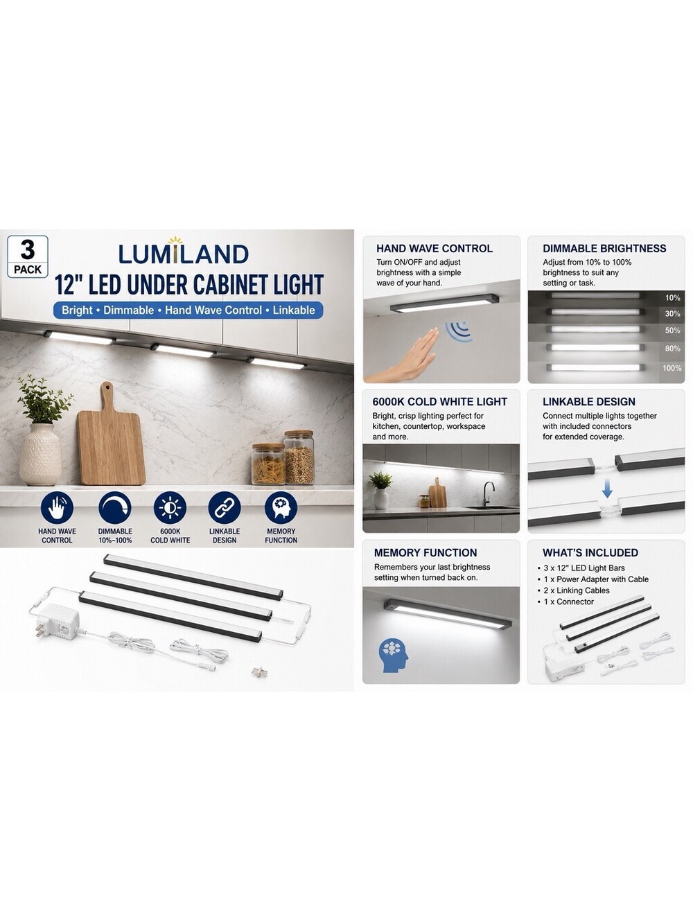 LUMILAND 3-Pack 12” LED Under Cabinet Lights Hand Wave Dimmable 6000K Plug-In